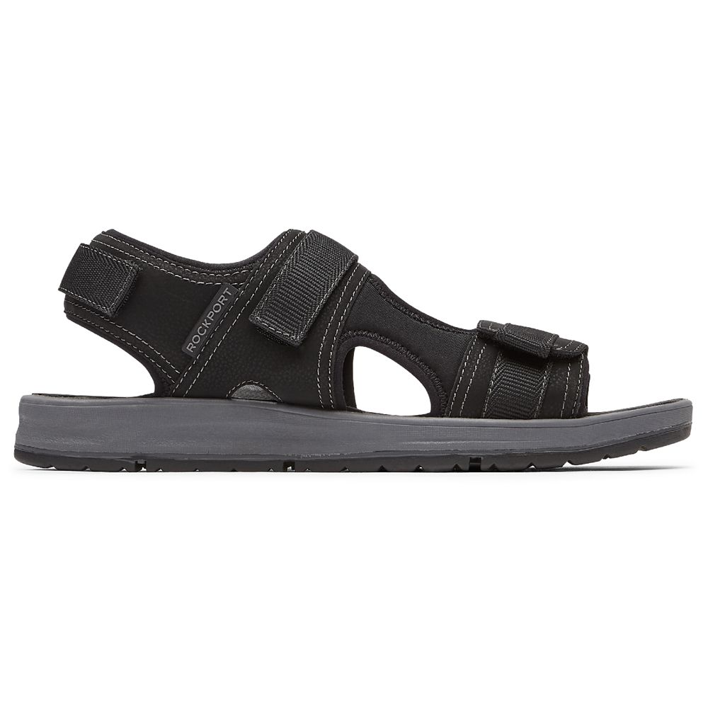 Rockport Men's Lucky Bay Sport 3 Strap Sandals - Black - USA (6710NPFZI)